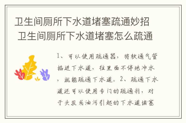 卫生间厕所下水道堵塞疏通妙招 卫生间厕所下水道堵塞怎么疏通