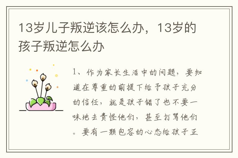 13岁儿子叛逆该怎么办，13岁的孩子叛逆怎么办